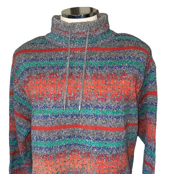 Liz Wear Vintage Sweater Mock Neck Drawstring Striped Grey Multicolored small - Picture 2 of 5